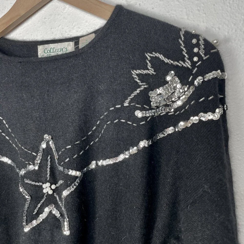 Vintage 80s Angora Rabbit Hair Sweater with Rhinestone and Sequin Embellishments